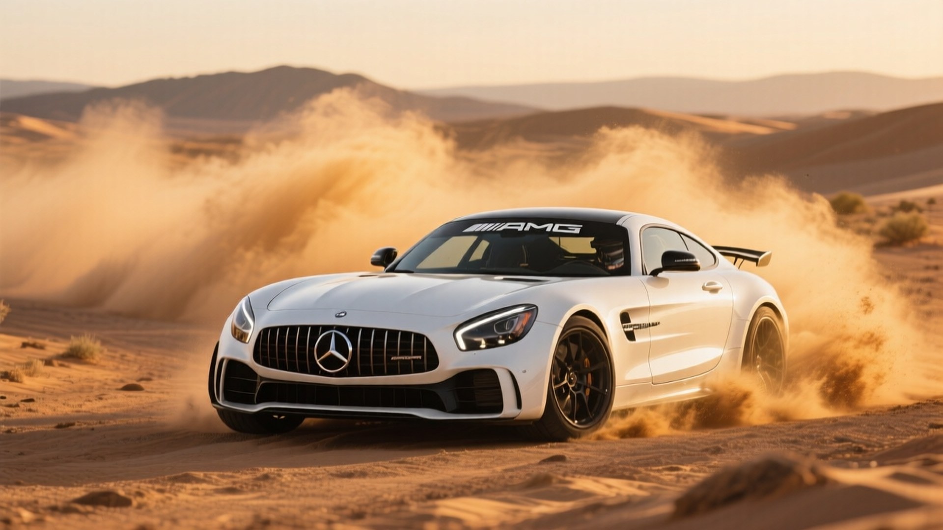 白色Mercedes AMG GT在沙漠沙丘中疾馳揚起沙塵。
