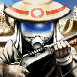 沙漠中戴著防毒面具和寬邊帽的士兵手持步槍