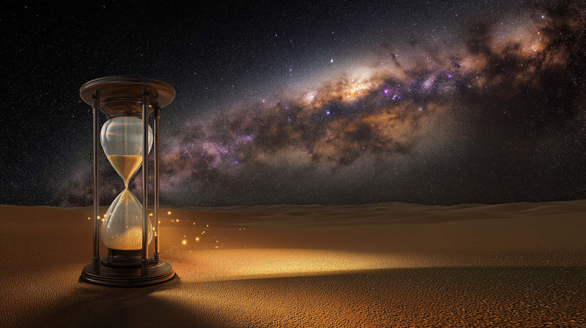 夜晚沙漠沙上的沙漏與生動的銀河系