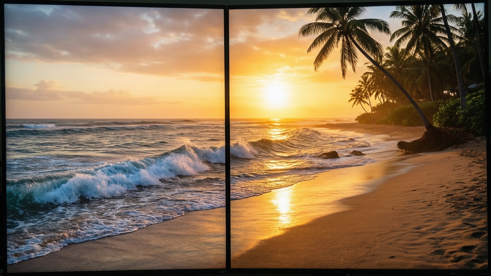 沙灘日落全景 壁紙 — 金色夕陽將溫暖的光芒灑在拍打的海浪和棕櫚樹成行的沙灘上。