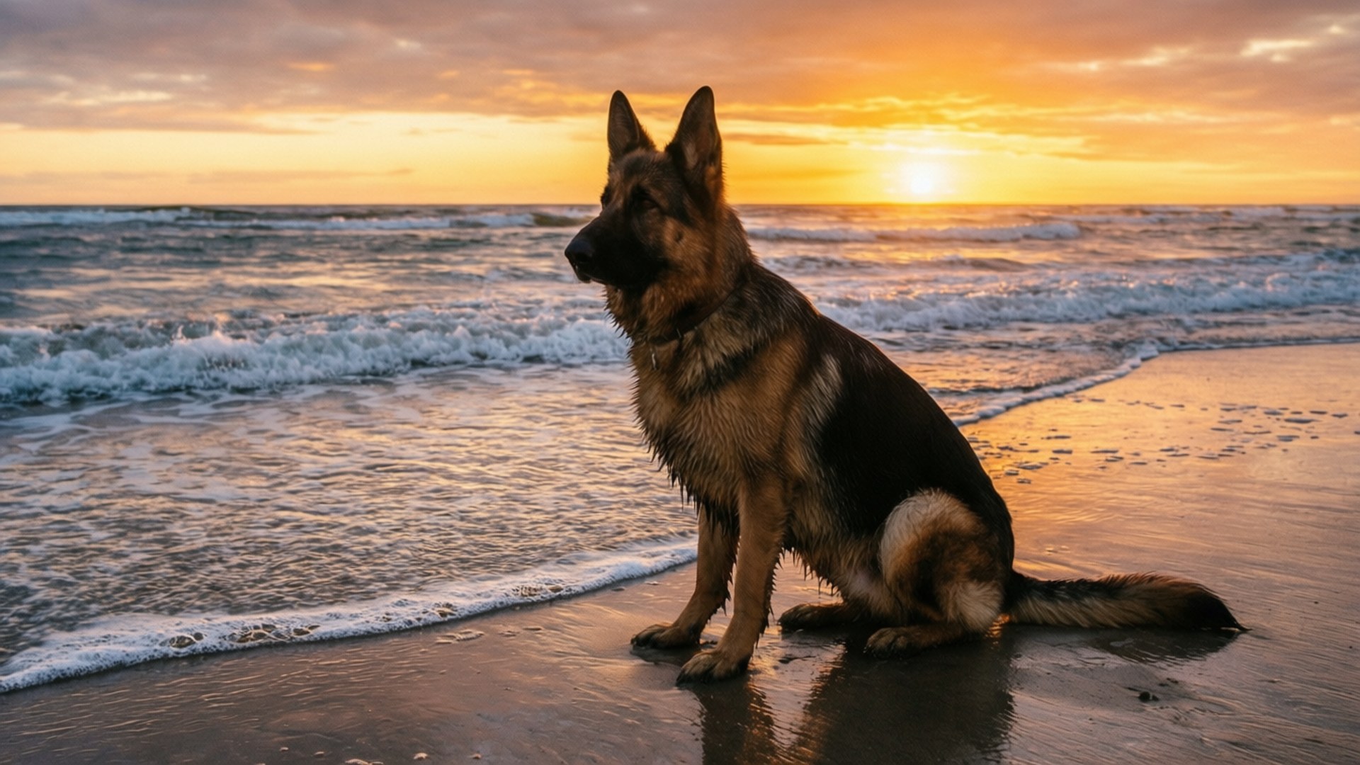 沙灘日落寧靜 壁紙 — 一隻德國牧羊犬平靜地坐在濕漉漉的海灘上，身後金色夕陽的波浪拍打著。