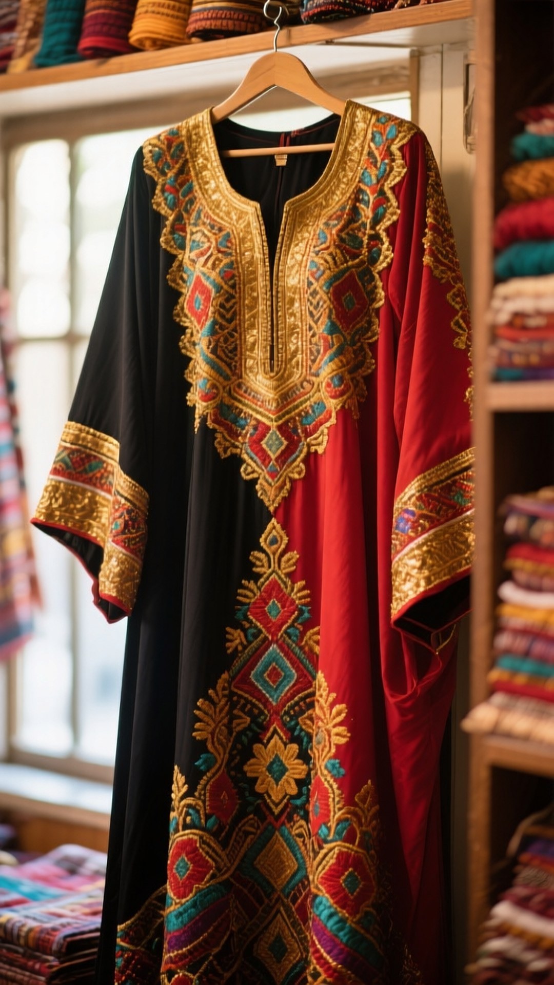 一件黑色和紅色的刺繡長袍掛在紡織品店裡，背景是色彩繽紛的布料。