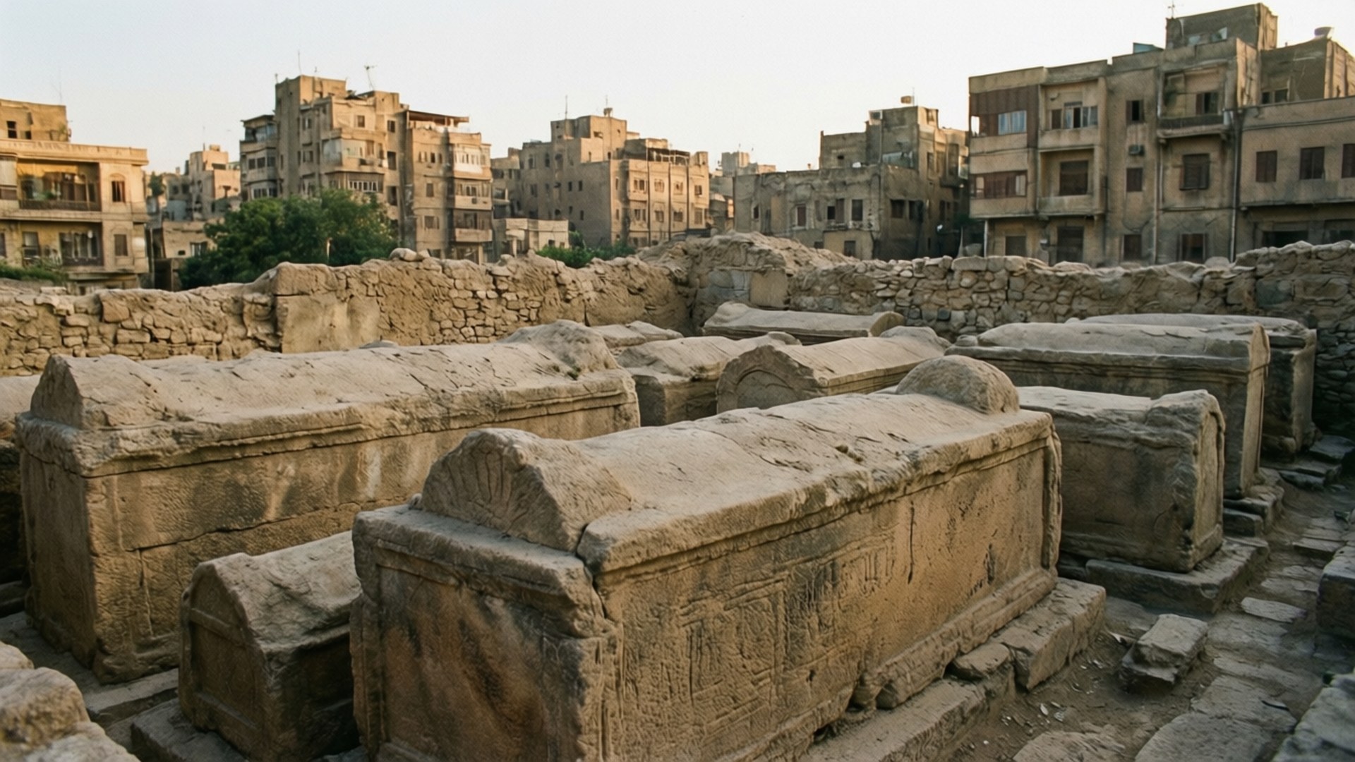 風化的古代石棺在考古遺址中，背景有現代建築
