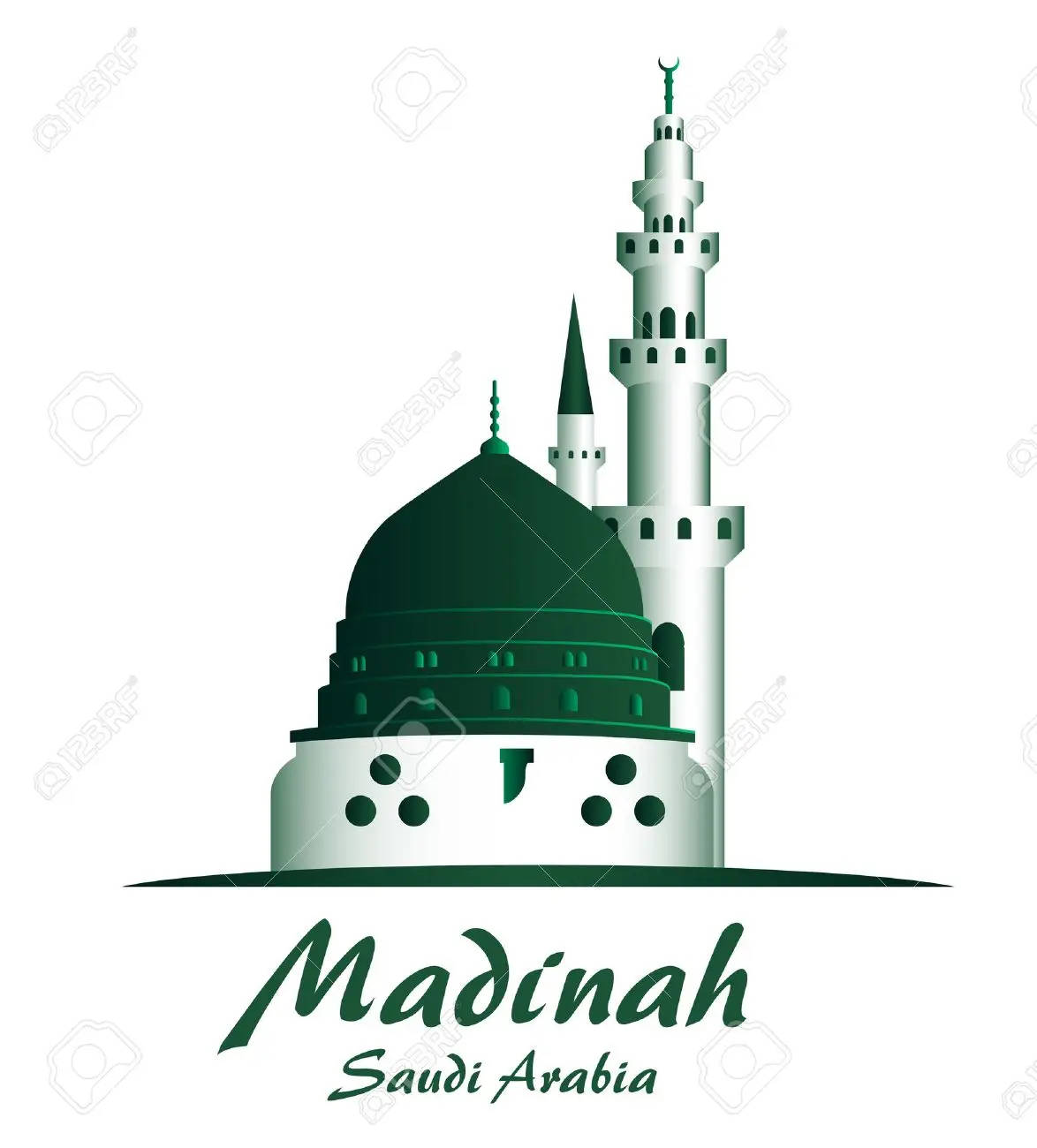 Madina 桌布 壁紙 — 沙特阿拉伯麥地那先知清真寺的風格化綠色和白色插圖，帶有宣禮塔和圓頂。