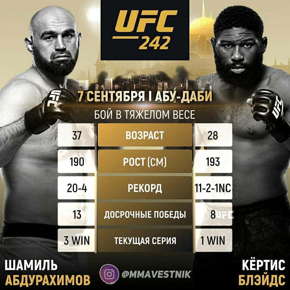 UFC 242拳手對戰海報，附有統計數據和阿布扎比活動詳情。