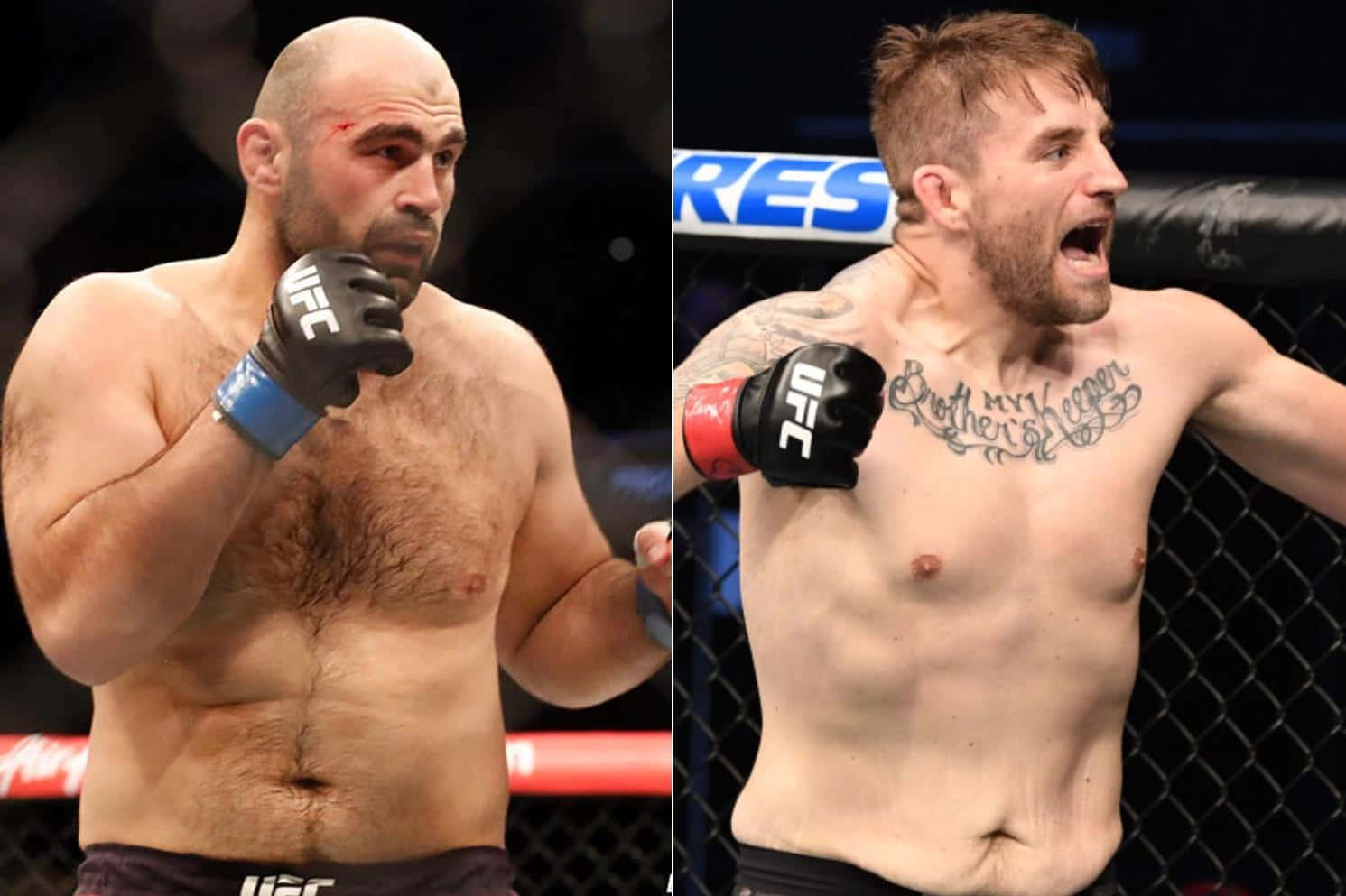 八角籠內兩名男性MMA拳手，一人滿臉鮮血，另一人紋身胸膛咆哮。