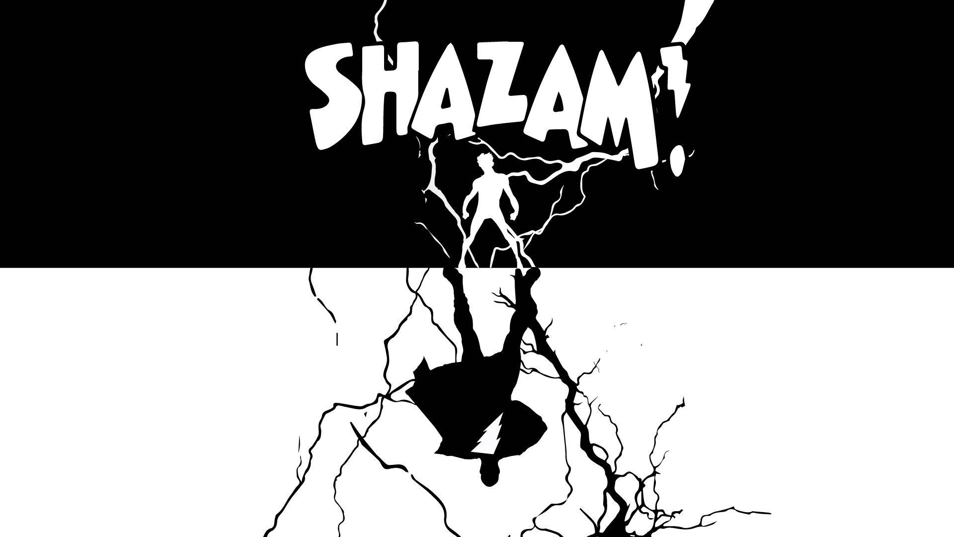 黑白漫畫藝術，描繪超級英雄、閃電和「SHAZAM」字樣