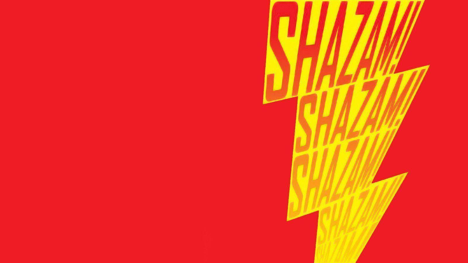 紅色背景，帶有重複 'SHAZAM!' 文字的黃色閃電。