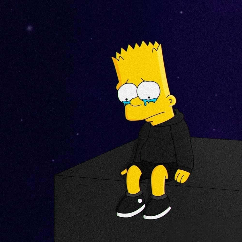 巴特·辛普森在星空下的夜晚屋頂上哭泣。