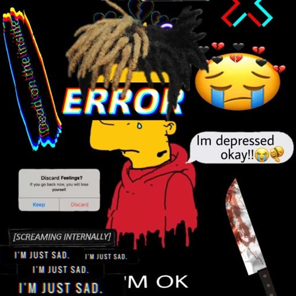 紅色連帽衫嘅卡通角色被抑鬱主題嘅數碼元素同血淋淋嘅刀包圍。