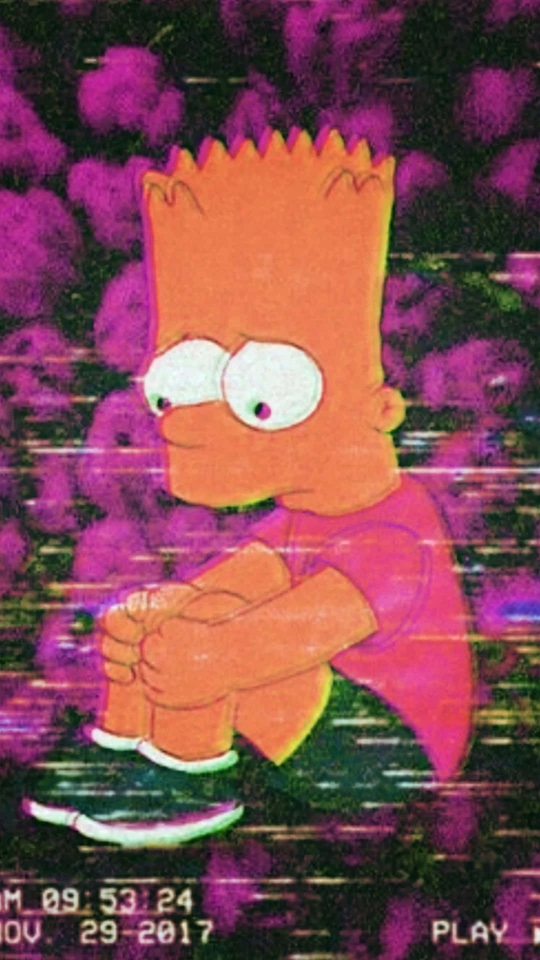 巴特·辛普森在帶有時間戳疊加的故障紫色數碼藝術中。