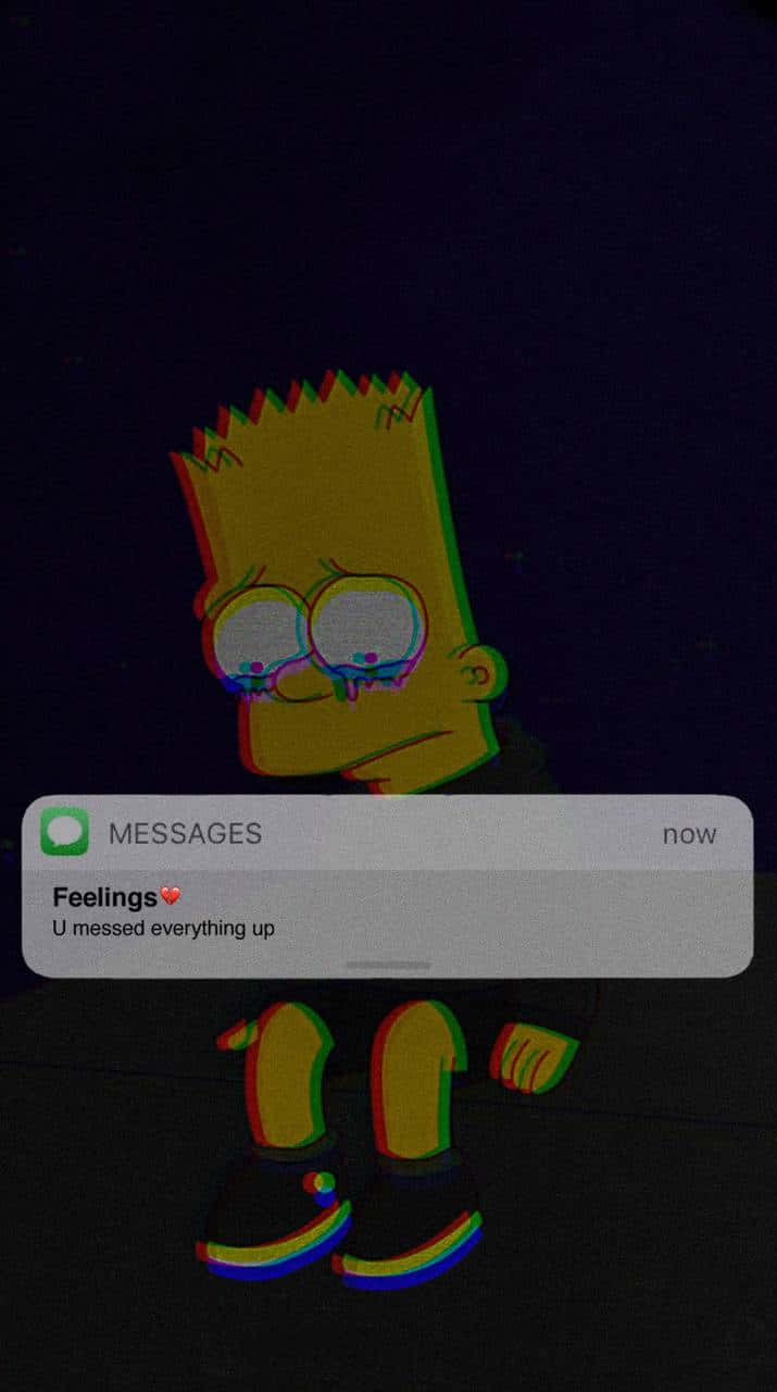 巴特·辛普森在寫著「Feelings U messed everything up」的短信上哭泣，帶有故障效果。