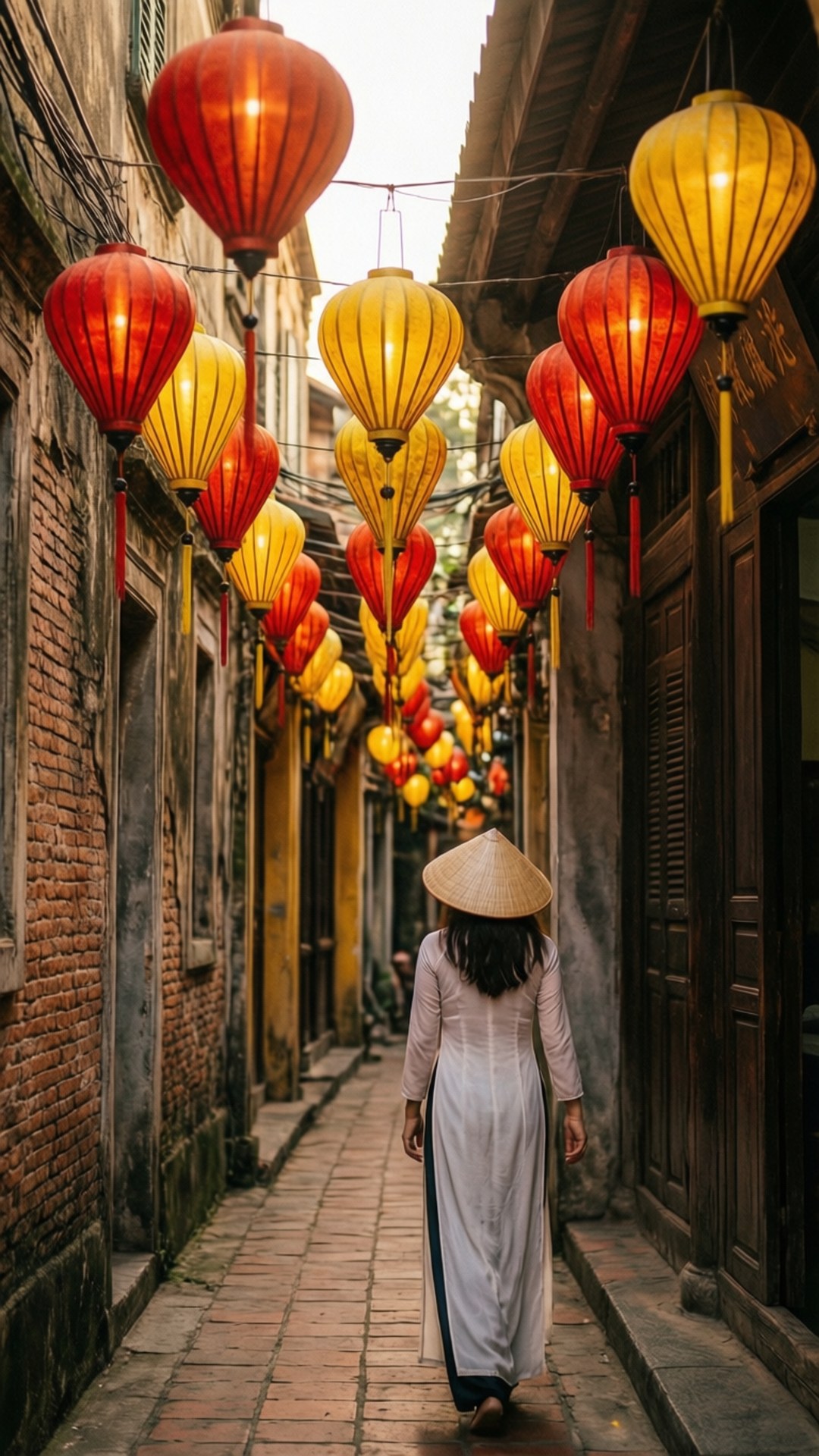 河內燈籠巷 壁紙 — 一名身穿白色奧黛和錐形帽的人走在一條狹窄的小巷裡，兩旁掛滿了紅色和黃色的燈籠。