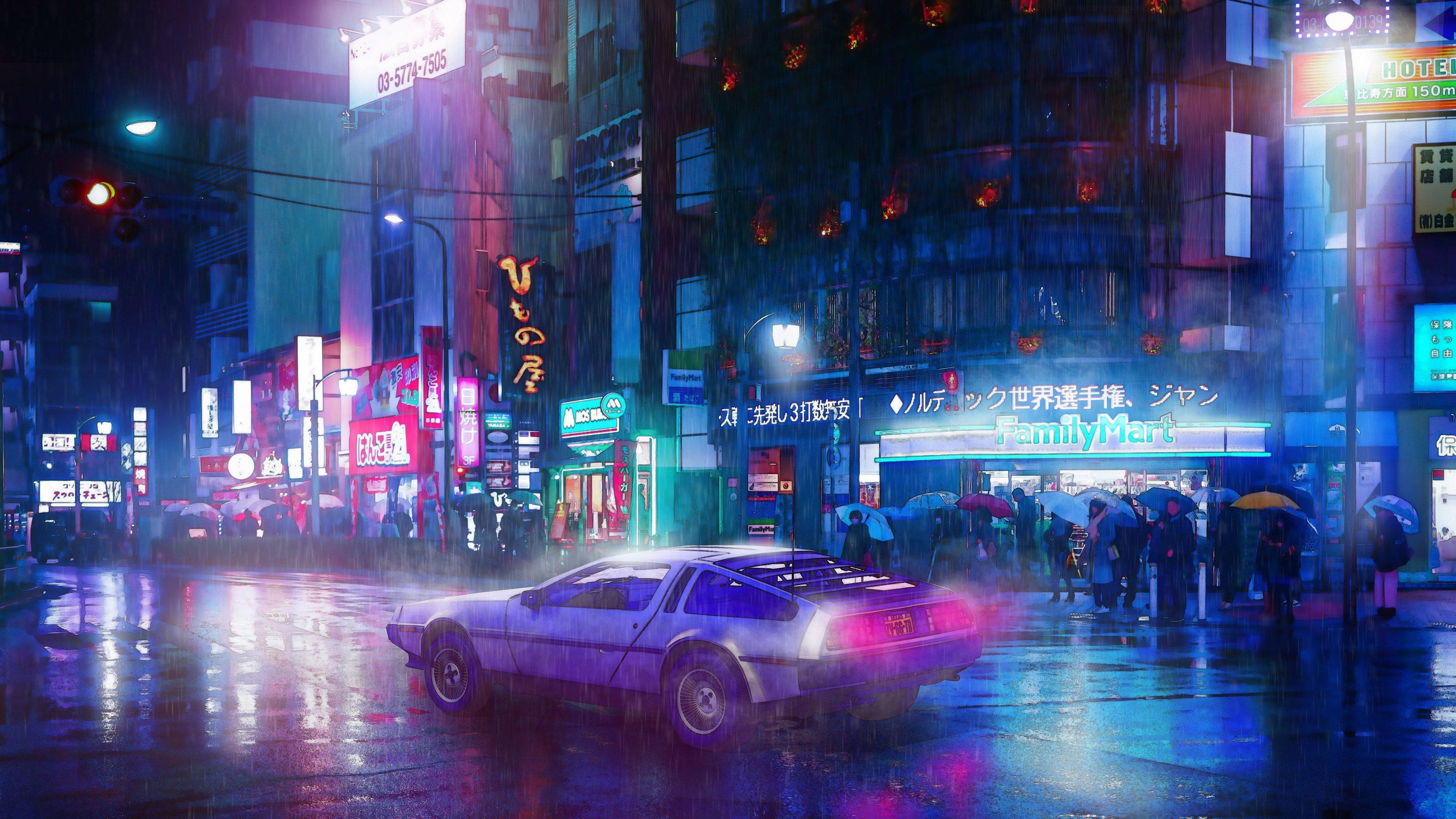 河內絢麗多彩插畫 壁紙 — 一輛銀色DeLorean在夜晚駛過霓虹燈閃爍、雨水浸濕的東京街道，發光的招牌在濕漉漉的人行道上反射。