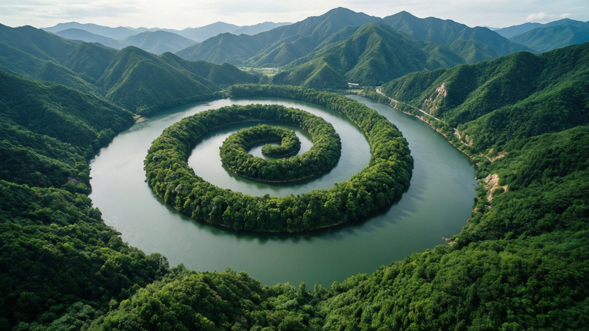 從上方俯瞰，螺旋狀河流蜿蜒穿過茂密的綠色山脈