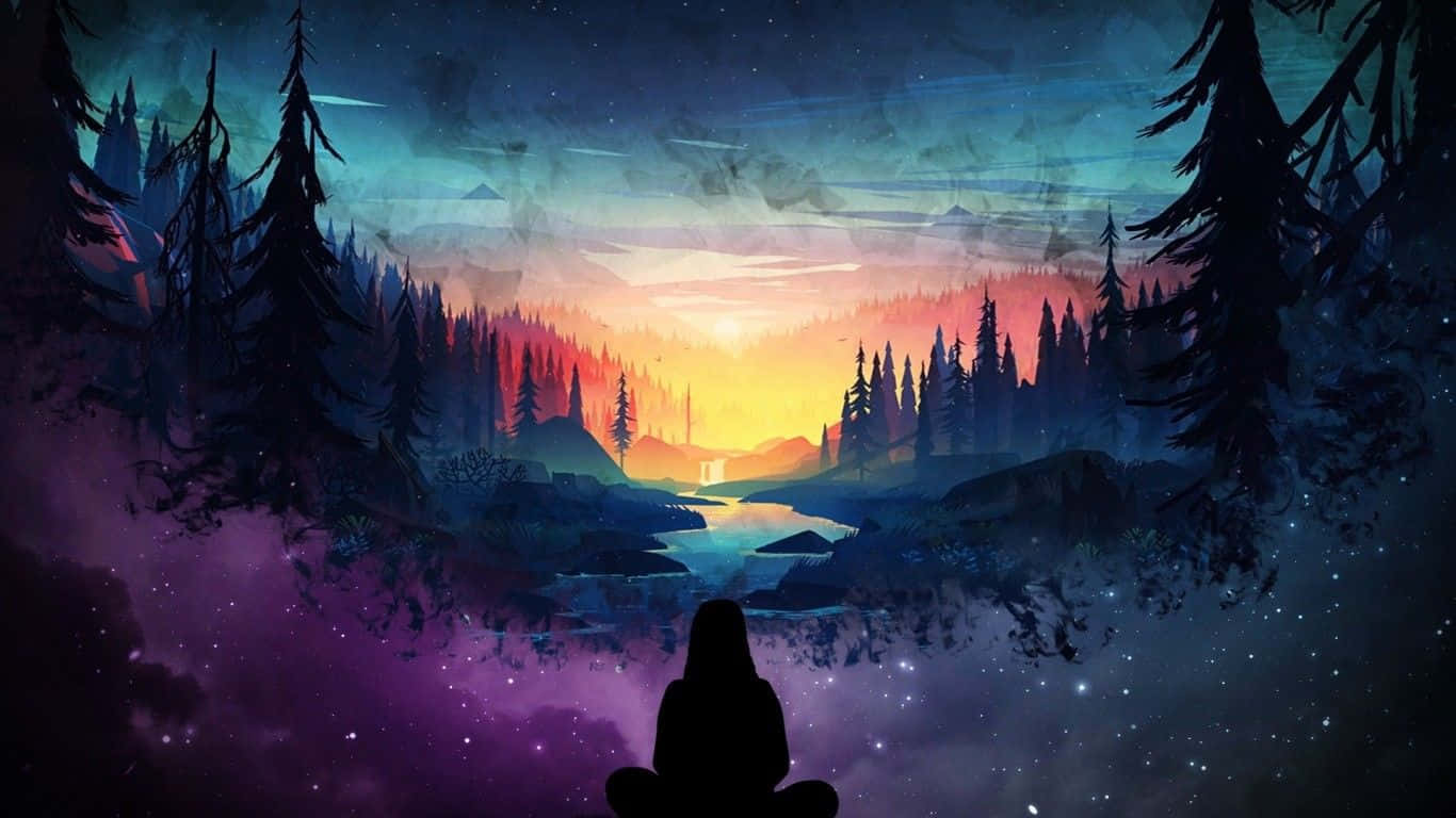 河畔女孩剪影 1366x768 顯示器背景 壁紙 — 一個孤獨的身影在黃昏時以剪影冥想，面向一個在紫色和橙色星空下發光的森林山谷。
