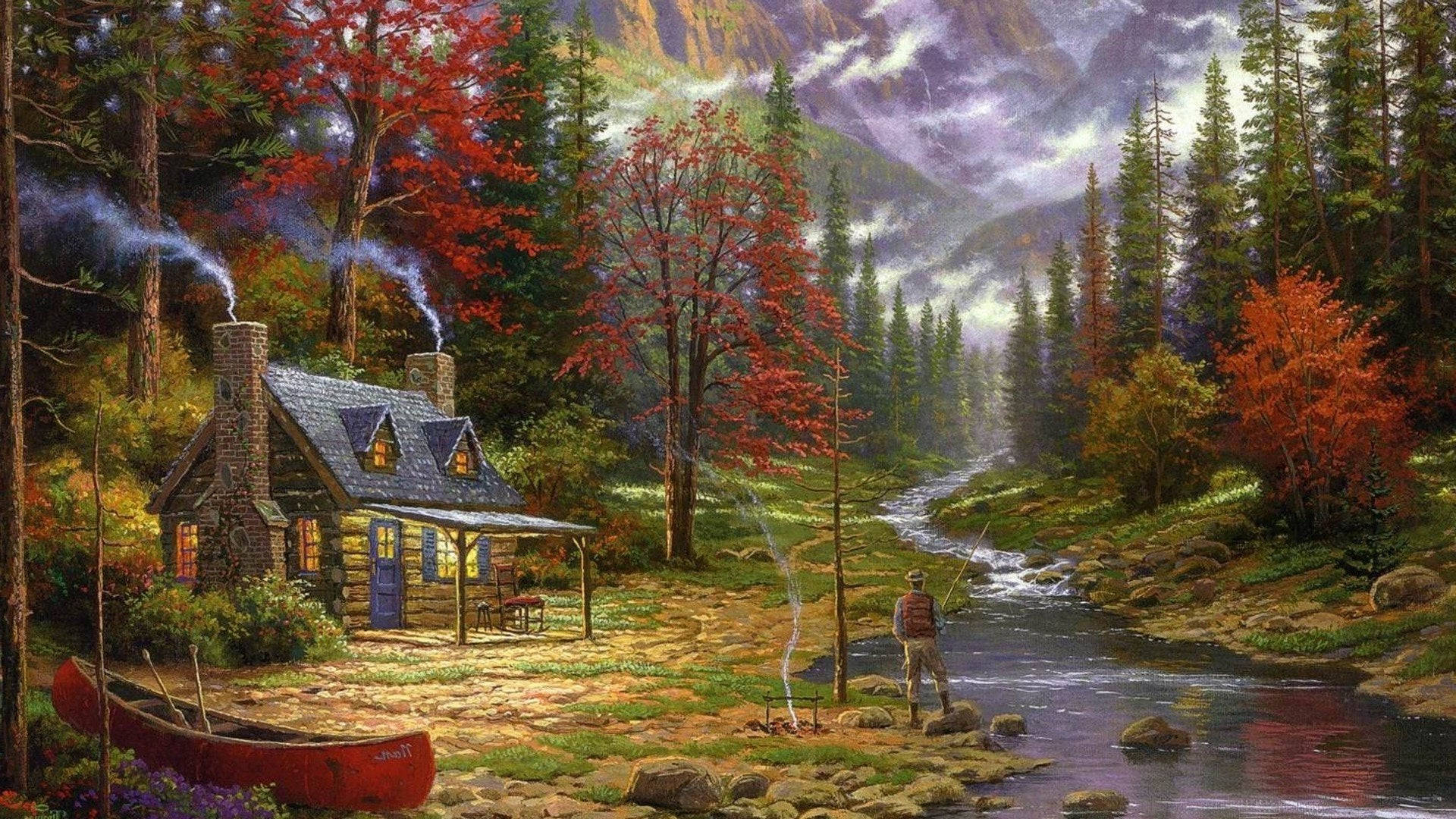 秋日森林中的舒適小屋，河邊有漁夫和紅色獨木舟。