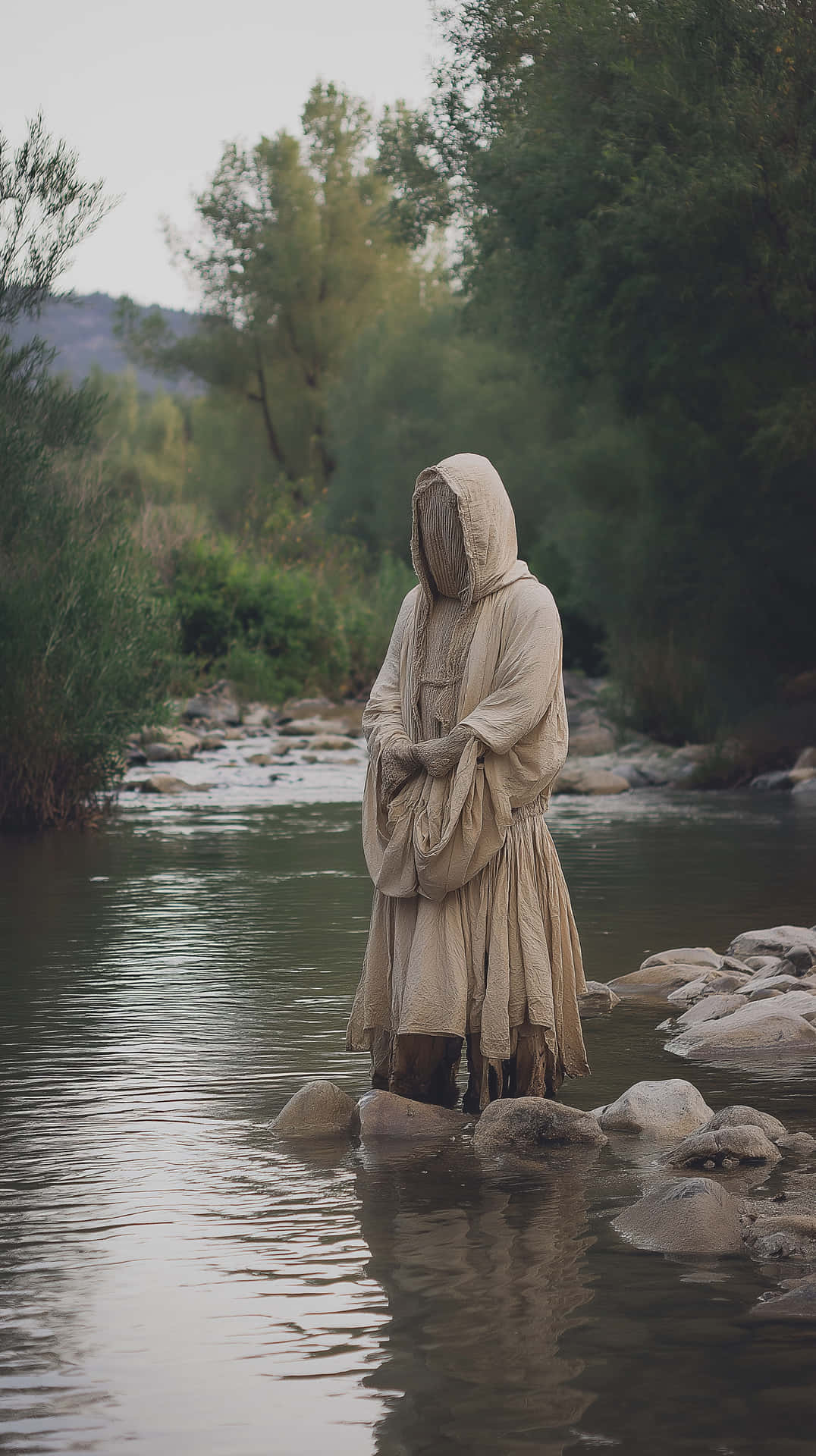河畔戴兜帽的身影——神秘的自然精靈 壁紙 — 一個身穿米色長袍的戴帽身影靜止地站在河石上，水流繞過他們的腳，周圍是森林山谷。