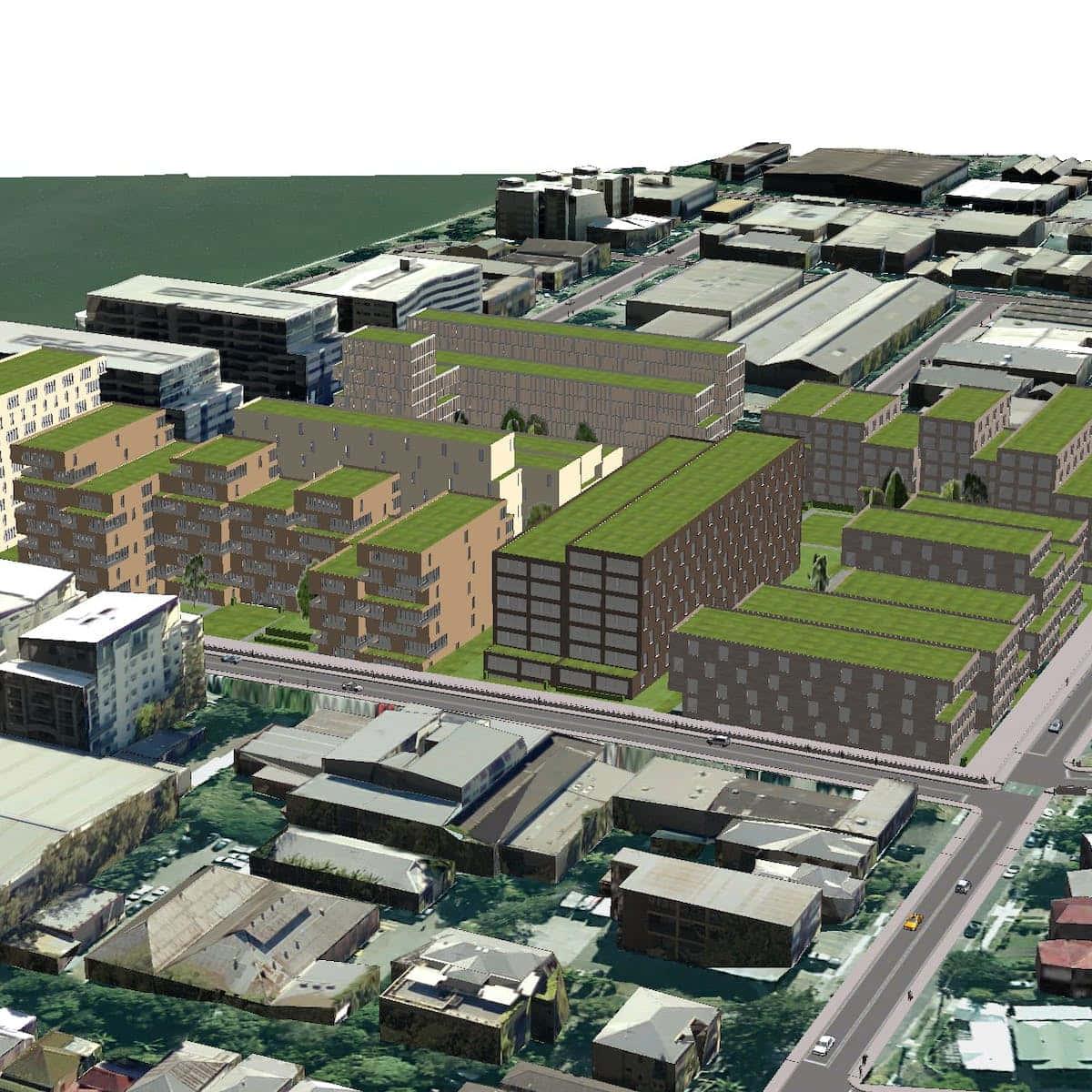 3d Modeling 桌布 壁紙 — 河邊現代城市發展的鳥瞰圖，包括綠色屋頂建築和工業區。