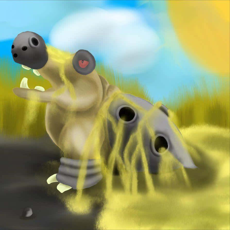 一個古怪的生物，有洞和發光的黃色流，在陽光明媚的田野中。