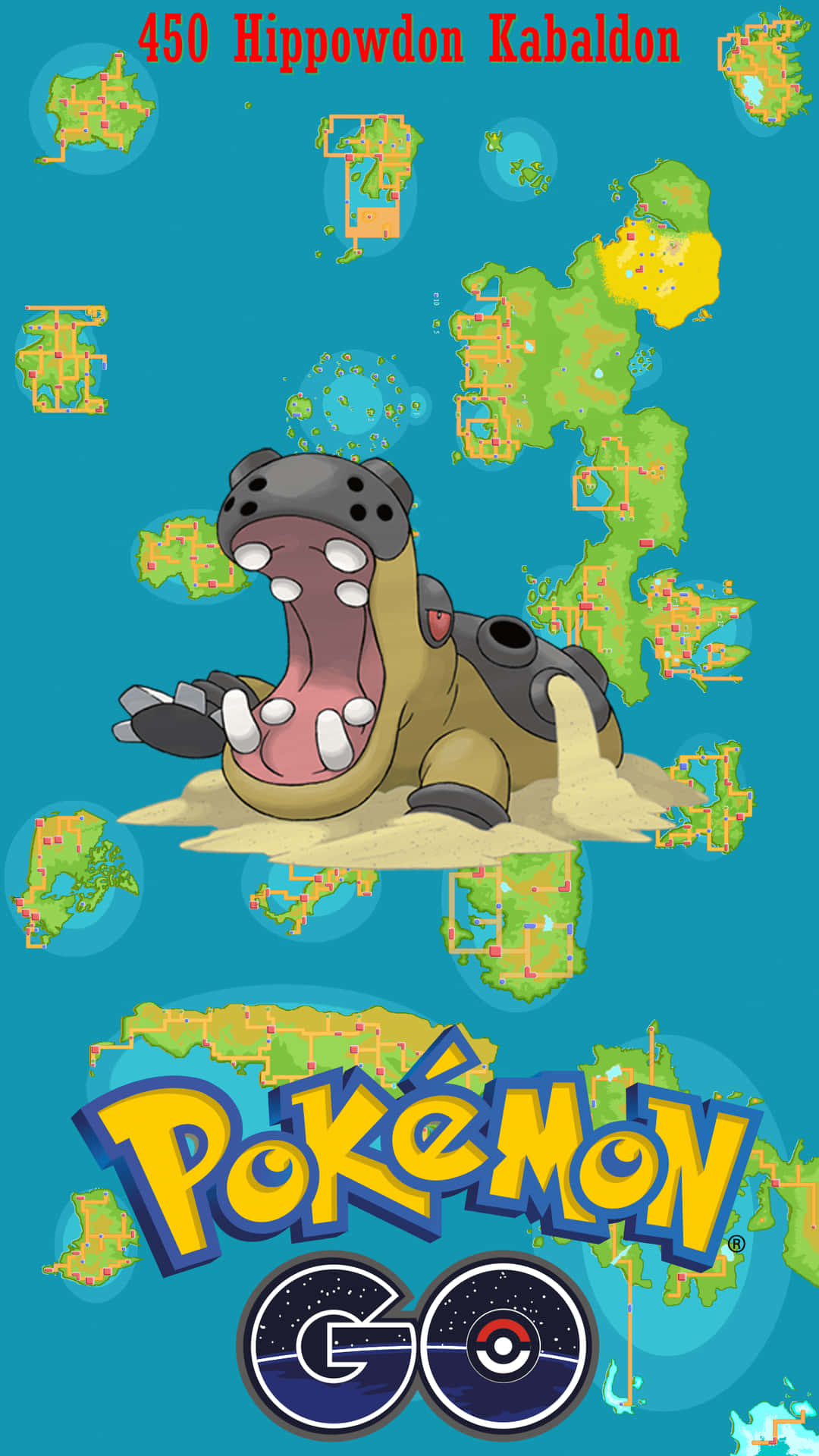 喺 Pokémon GO 遊戲場景中，河馬獸寶可夢喺一個有漂浮地圖嘅島上咆哮。
