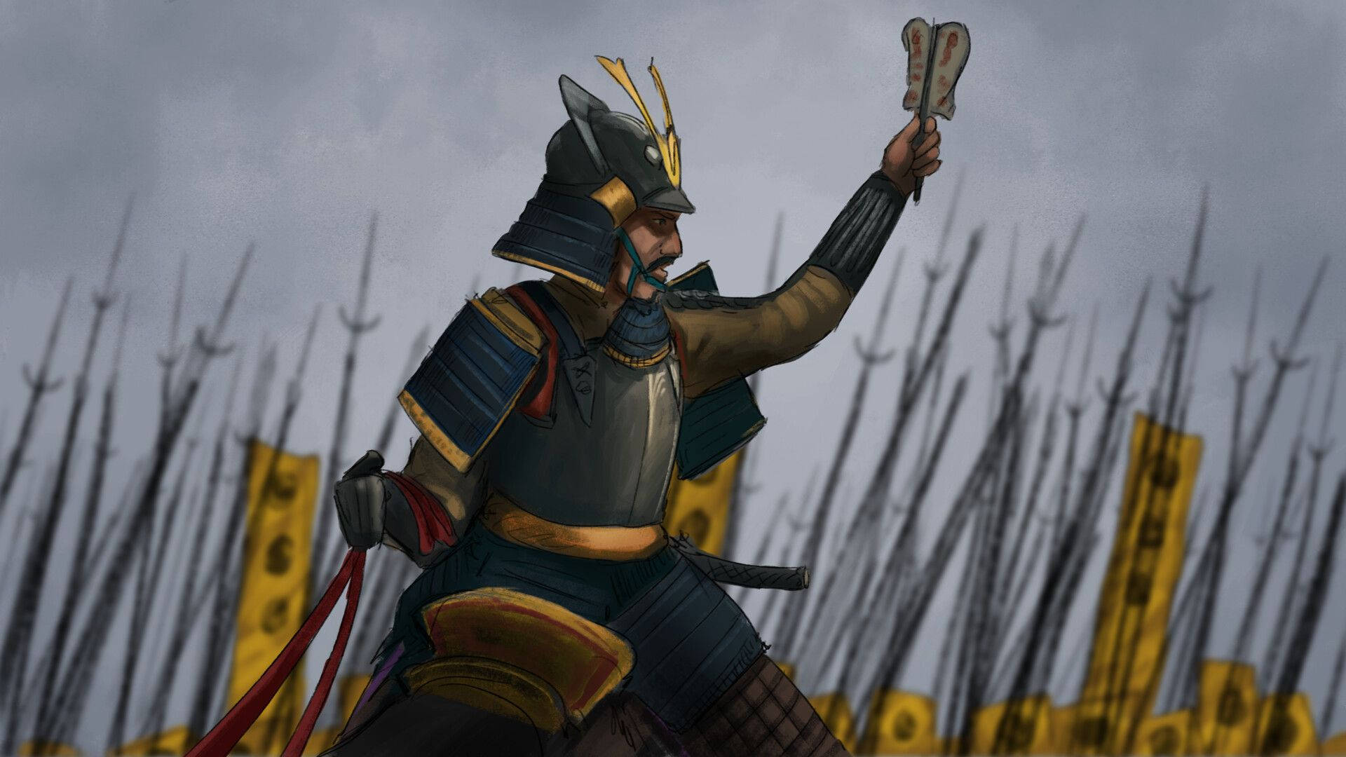 油畫風格亞蘇基 壁紙 — 一位身穿精細盔甲的武士戰士在灰色天空下站在長矛場前舉起扇子。