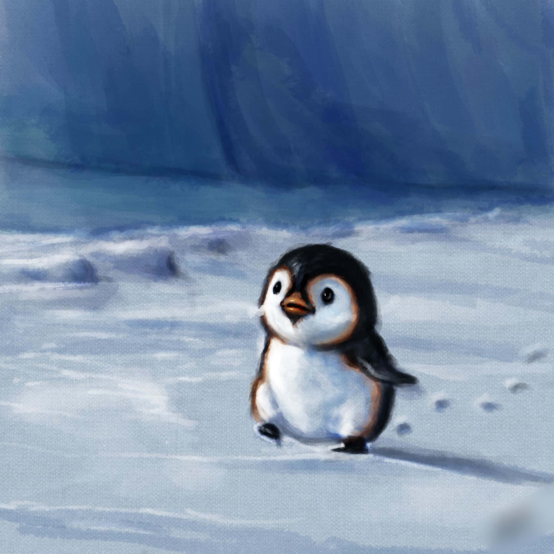 一隻小企鵝在雪中行走，背景是冰。