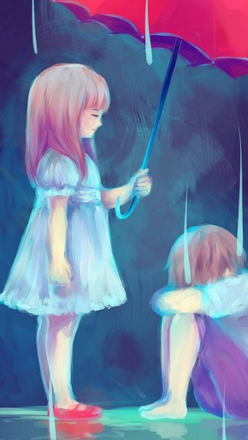 女孩為蹲在雨中的孩子撐紅傘。
