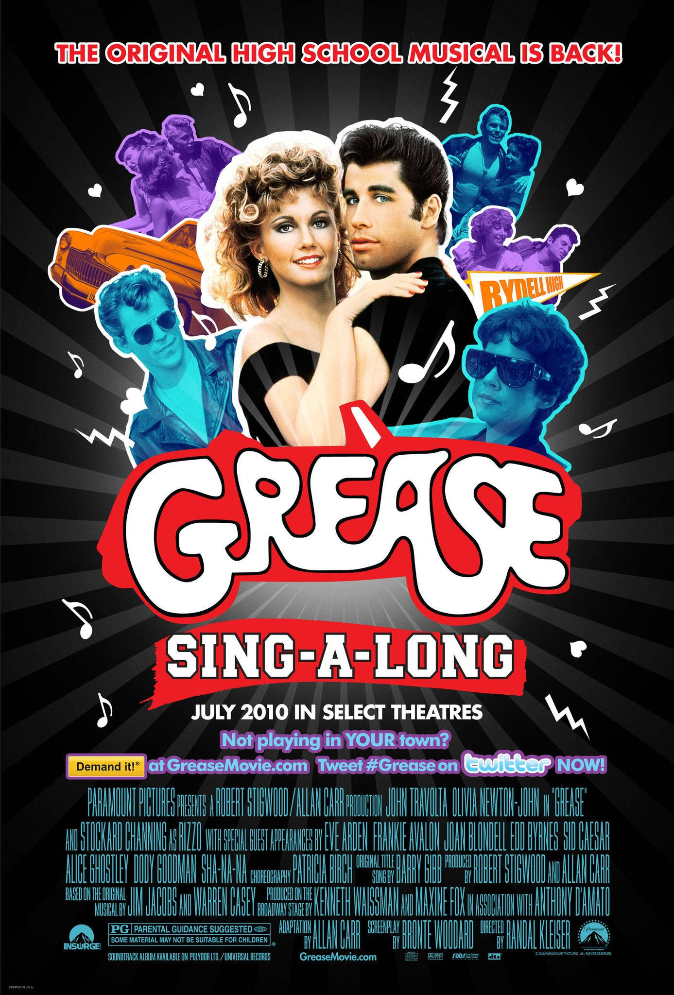 《油脂》電影海報 壁紙 — 充滿活力的1950年代音樂海報，為Grease Sing-A-Long而設，主角以鮮明色彩呈現，背景為黑色放射狀，配有音符和汽車剪影。