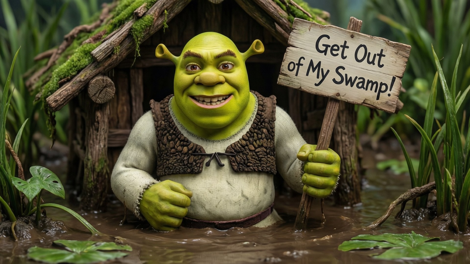 史力加喺沼澤舉住一個寫住 get out of my swamp 嘅牌