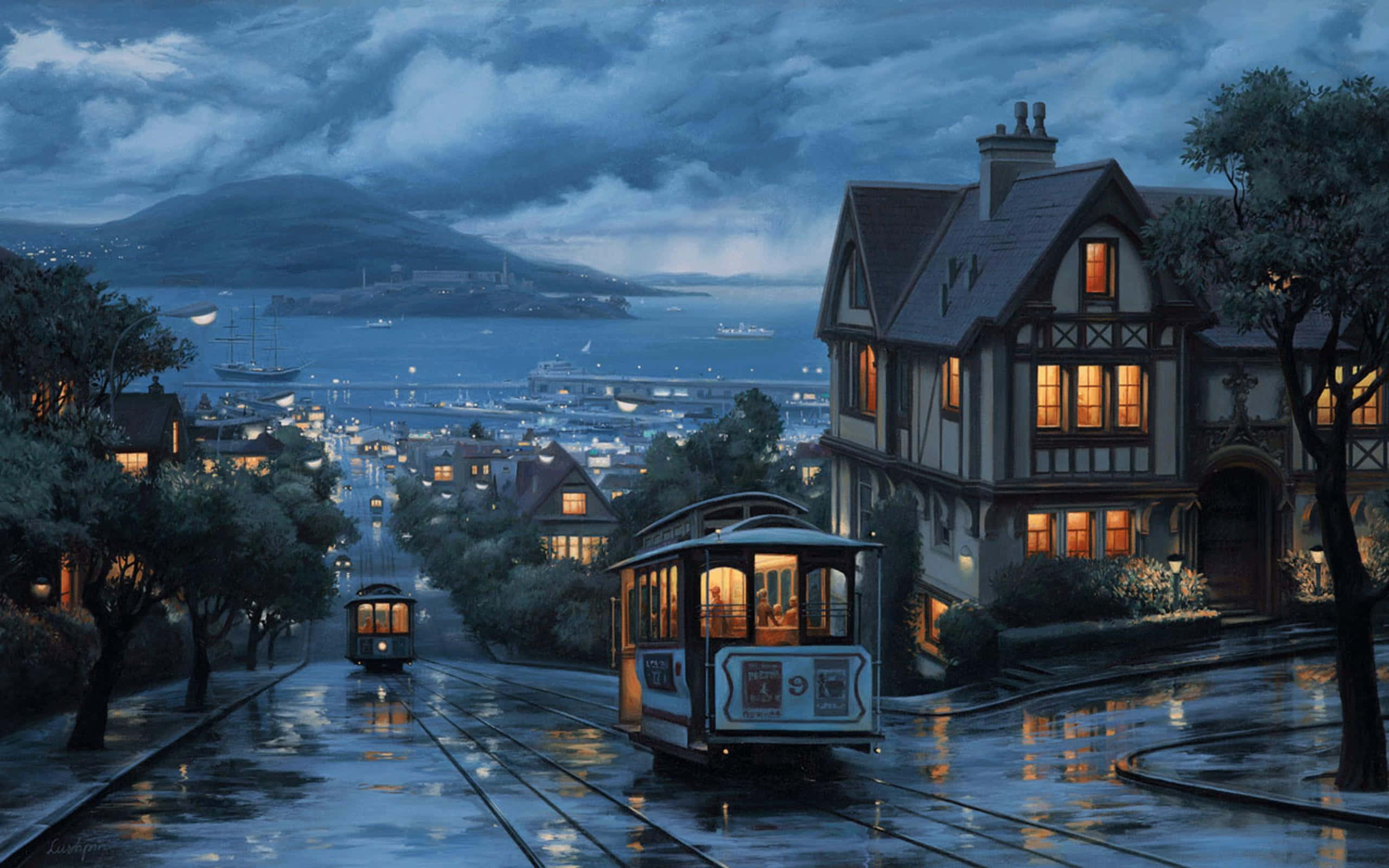 3d Travel 桌布 壁紙 — 沿海城市的雨夜場景，纜車在潮濕的街道上滑行，經過維多利亞式房屋和港口，天空陰沉。
