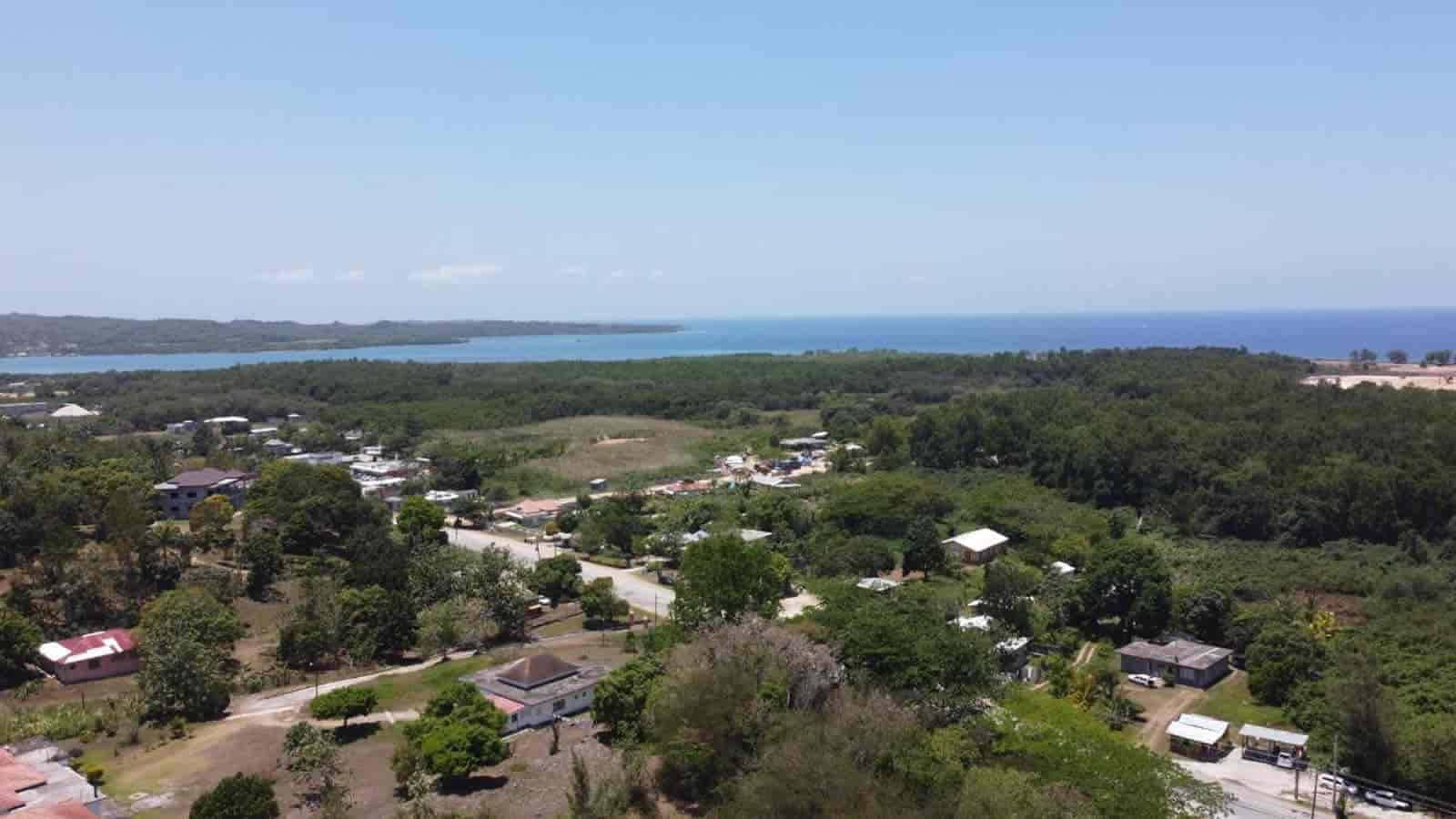 Jamaican Island 桌布 壁紙 — 沿海小鎮的鳥瞰圖，小鎮坐落在茂密的綠樹之中，廣闊的藍色海洋在晴朗的天空下延伸至地平線。