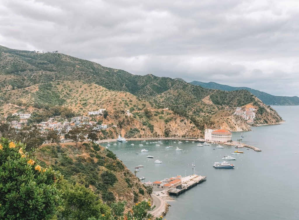 California Island 桌布 壁紙 — 沿海村莊坐落在綠色山丘中，船隻點綴著平靜的港灣，天空多雲。