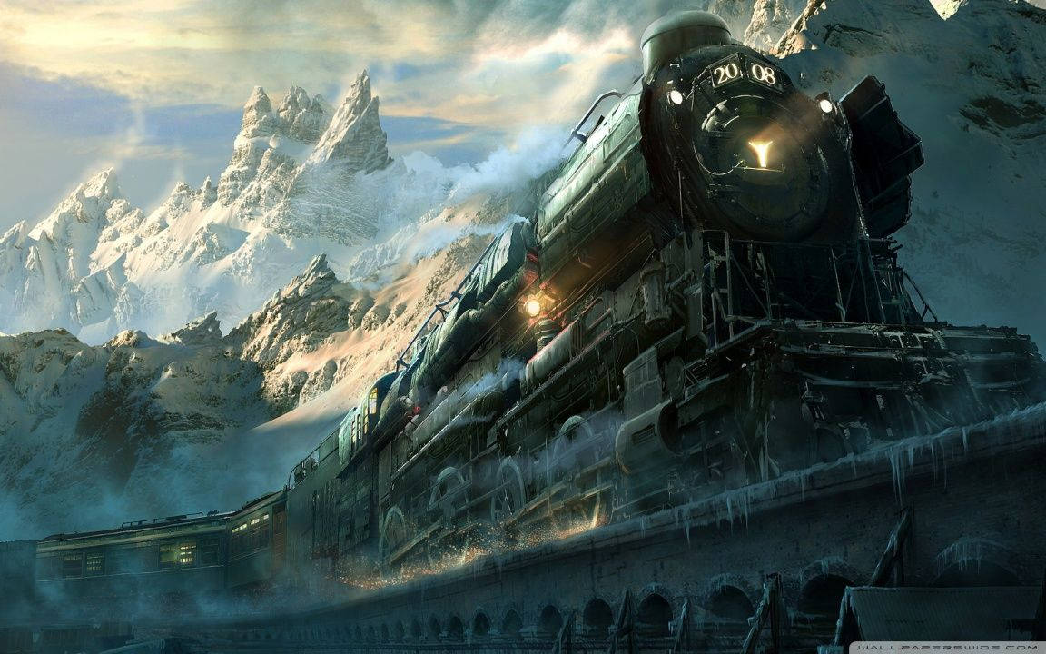 一列蒸汽火車穿過白雪覆蓋的山地景觀，有冰峰和戲劇性的雲層。