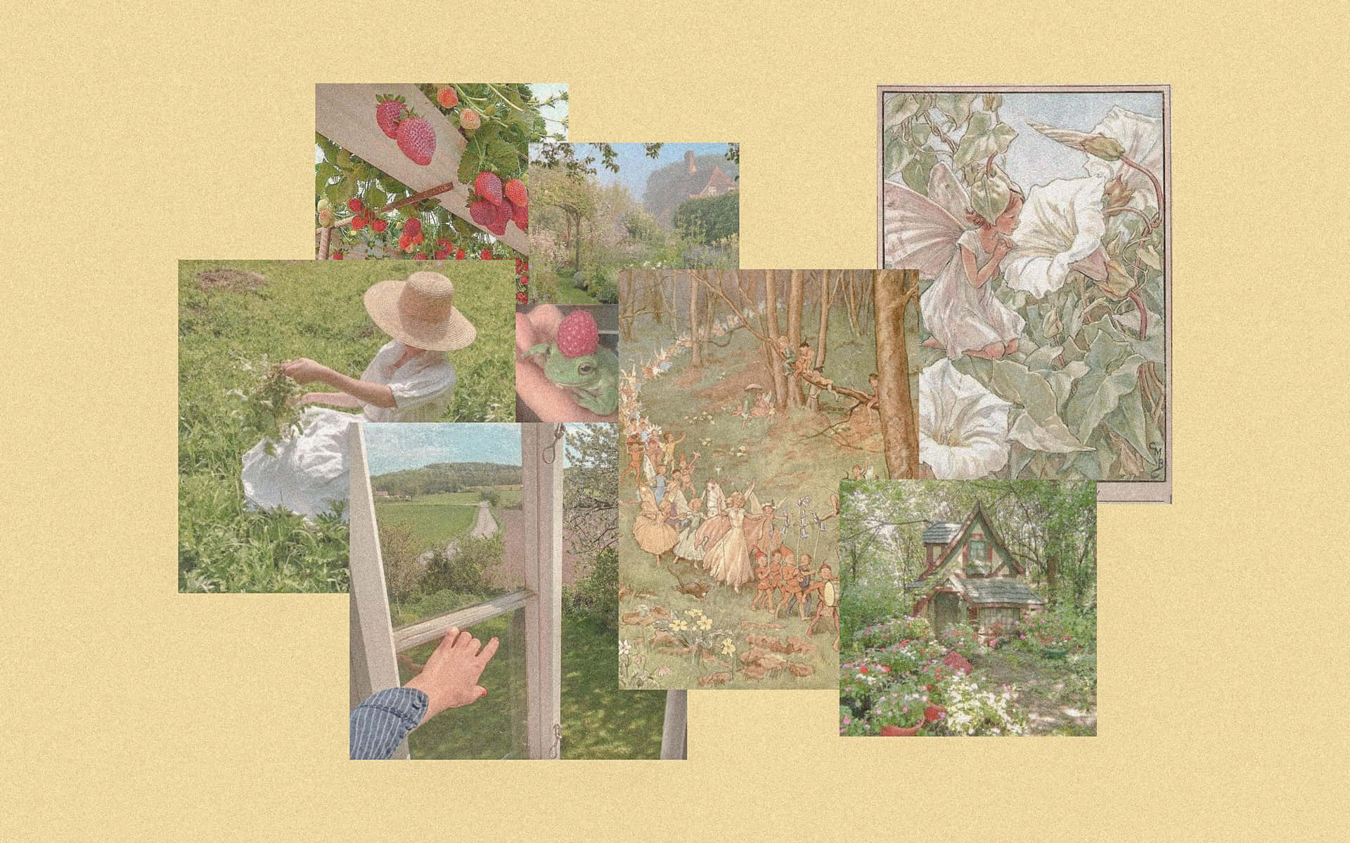 田園夏日場景的拼貼畫，有草莓、仙女和小屋。
