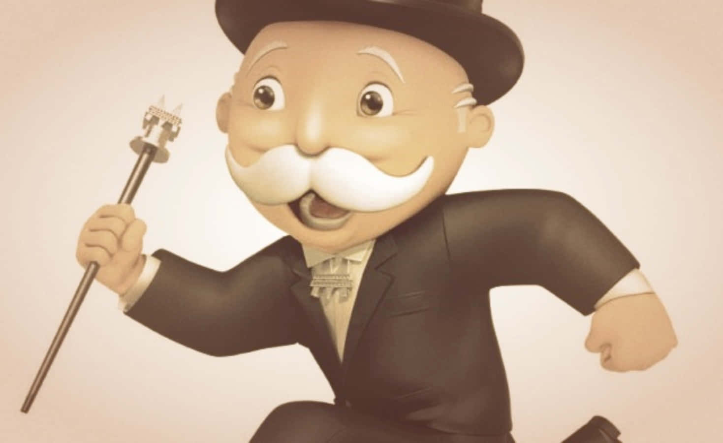 Mr. Monopoly身穿黑色西裝和高帽，手持枴杖奔跑。