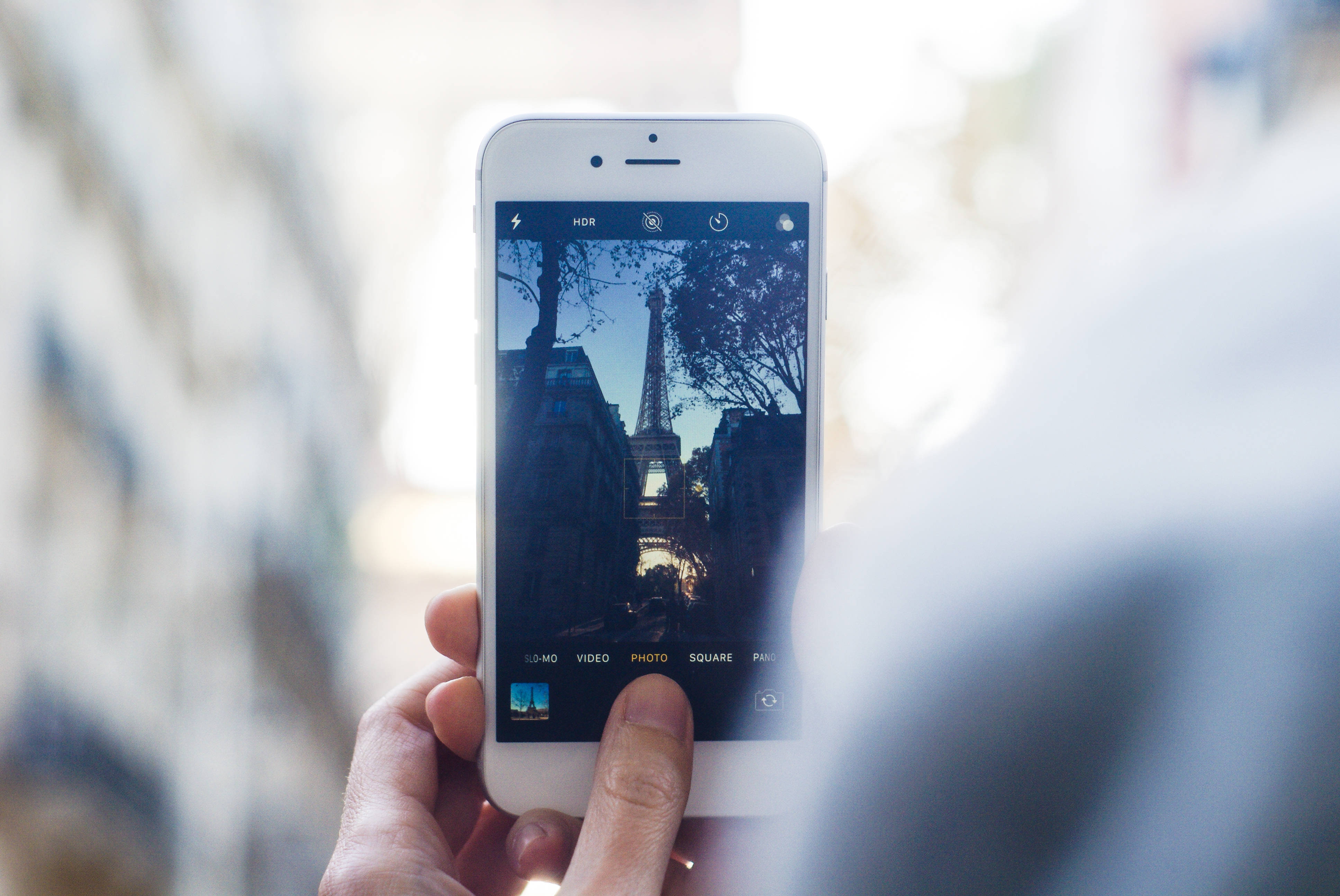 法國埃菲爾鐵塔手機螢幕影像 iPhone 壁紙 — 一隻手拿著智能手機，在黃昏時分透過綠樹成蔭的街道，在溫暖的環境光線下拍攝艾菲爾鐵塔。