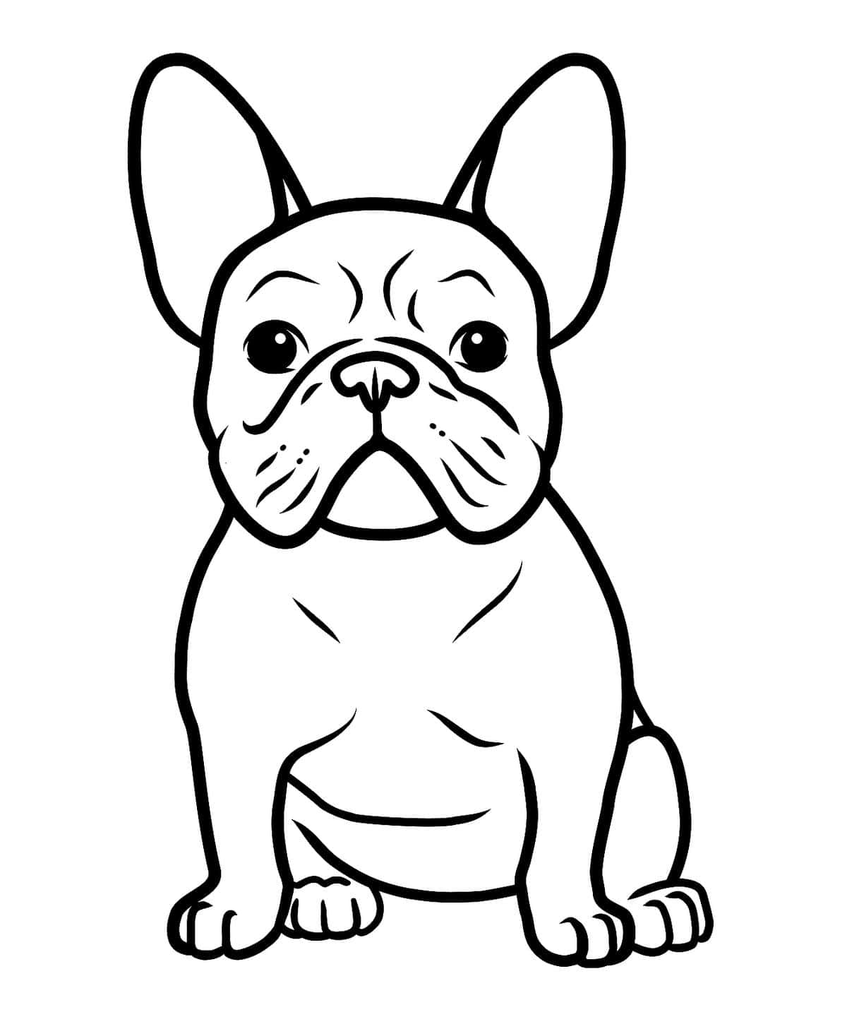 一幅黑白線條畫，畫著一隻坐著的法國鬥牛犬，有大眼睛。