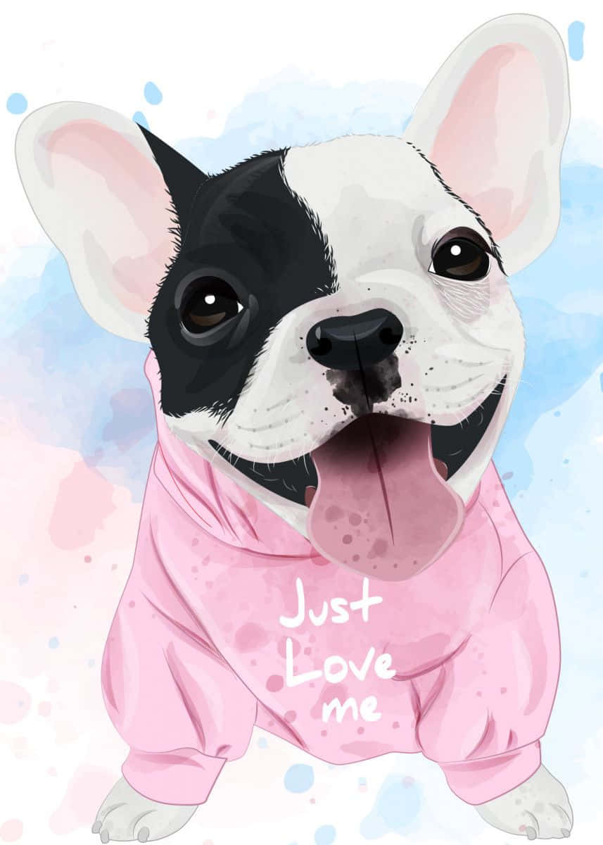 一隻法國鬥牛犬穿著粉紅色連帽衫，上面有「Just Love me」字樣。