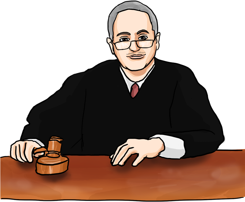法官持槌插畫 壁紙 — 一個穿著黑色長袍的卡通法官坐在木凳上，手持木槌，背景為黑色。