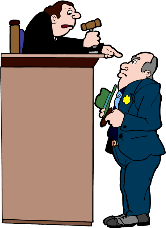 法官與證人卡通畫 壁紙 — 一個卡通法官憤怒地敲擊木槌，同時指著一個穿著西裝、拿著綠色帽子的緊張男人。