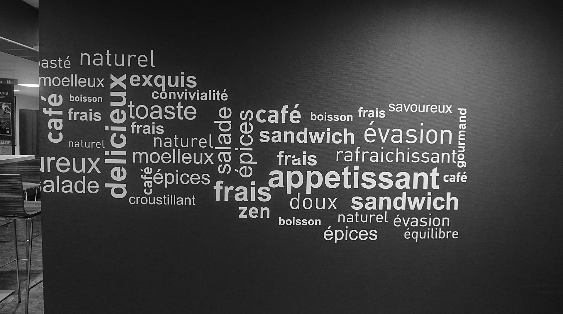 黑色牆壁上有白色法文食物詞語，如cafe和sandwich，在咖啡館中。