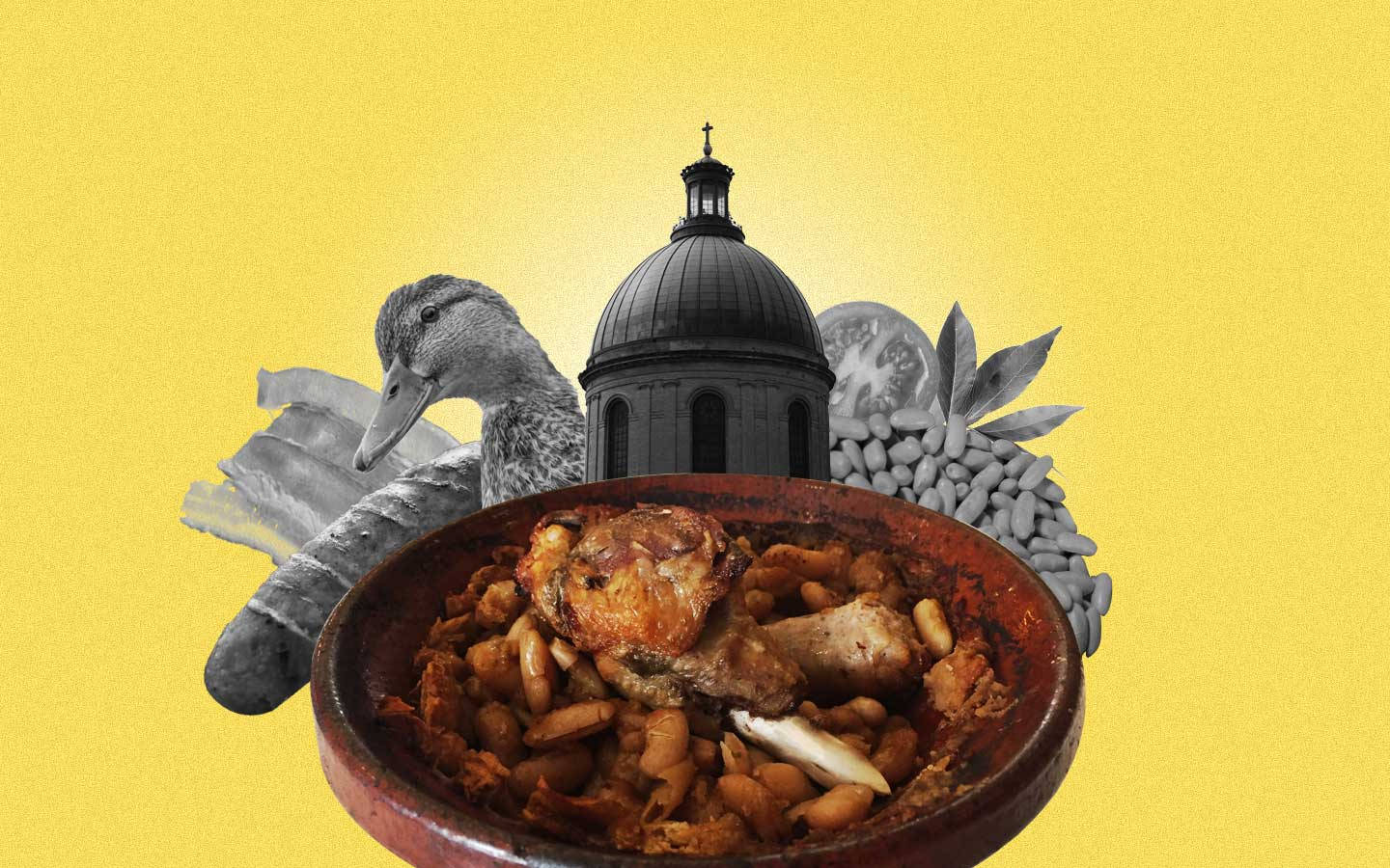 黃色背景上的食物與建築拼貼