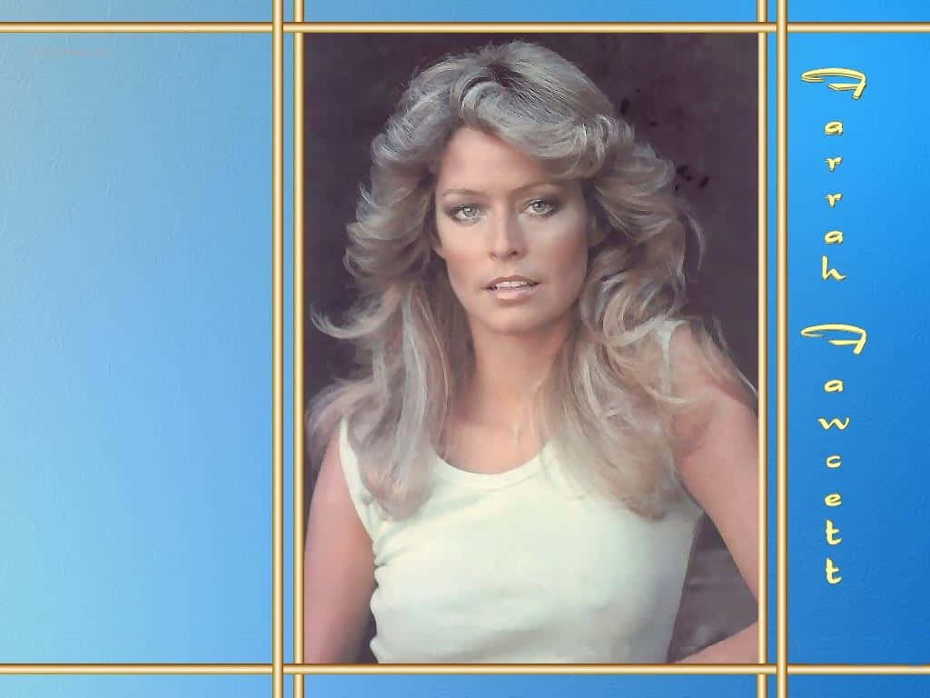 Farrah Fawcett 金髮，身穿白色上衣，以藍色和金色面板框住。