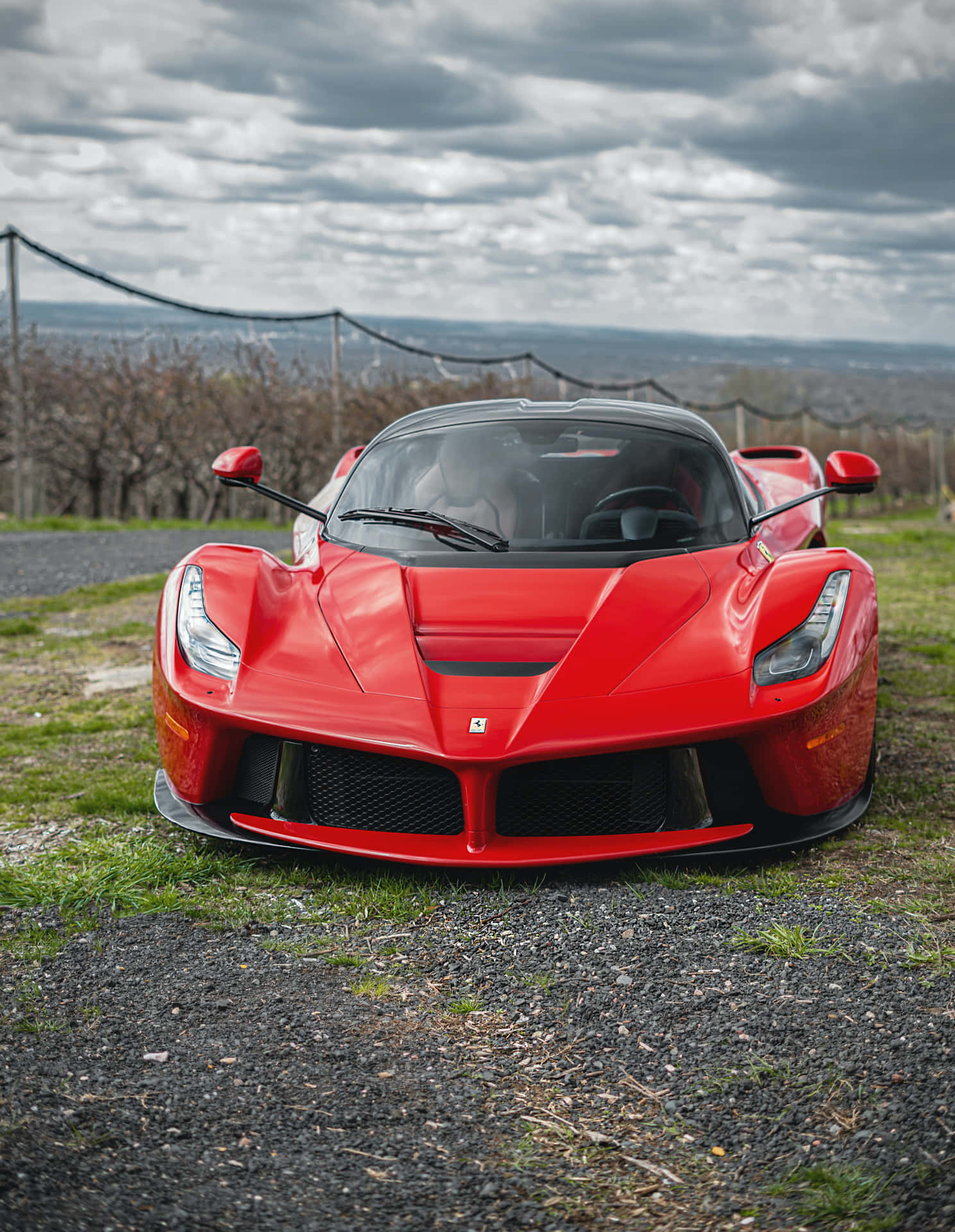 陰天下，葡萄園附近的碎石上停著一輛紅色法拉利LaFerrari。