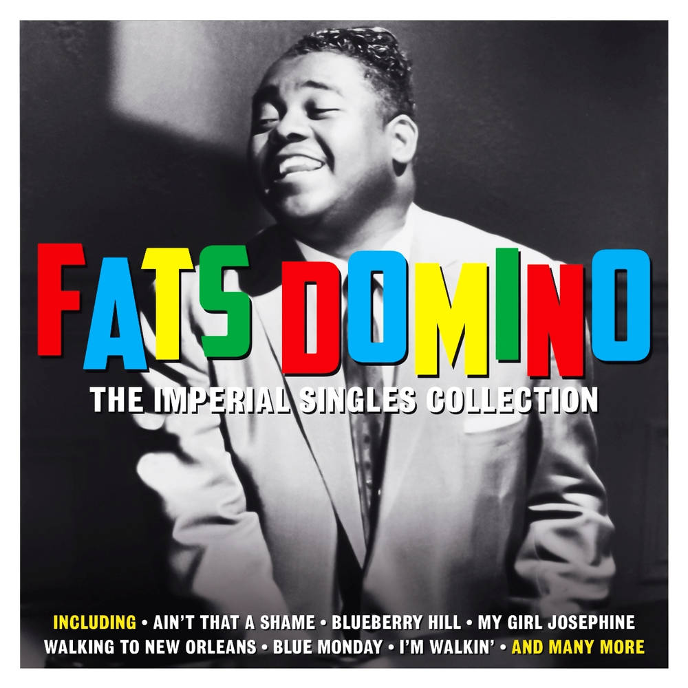 法茲·多米諾帝國單曲專輯封面 壁紙 — Fats Domino 在黑白照片中愉快地微笑，他的名字上覆蓋著色彩繽紛的彩虹文字。
