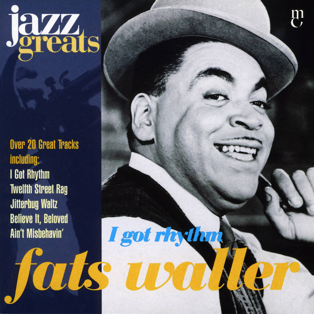 爵士音樂家 Fats Waller 在帶有歌曲名稱的復古專輯封面上微笑。