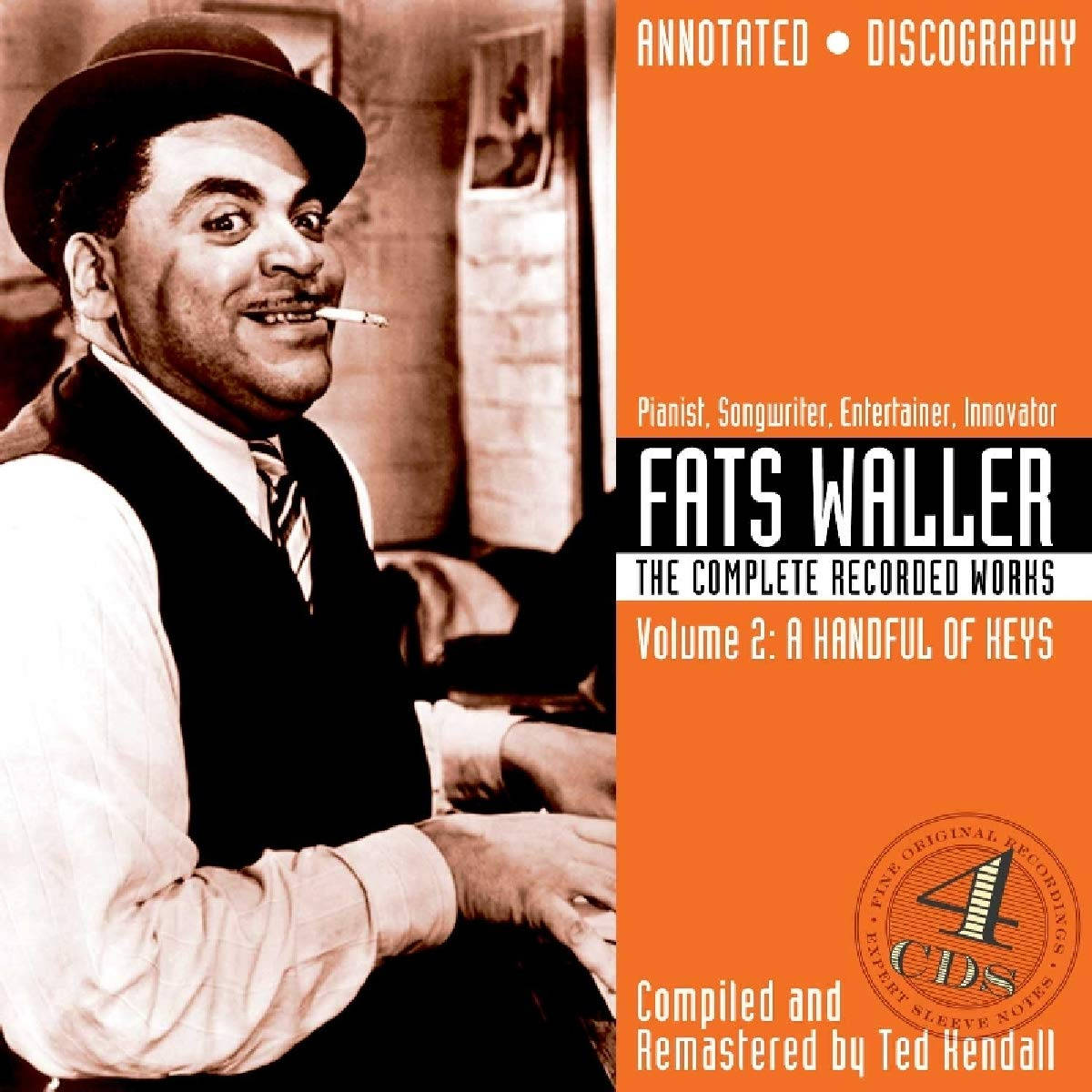 Fats Waller 咬住煙微笑，坐喺鋼琴前，懷舊爵士樂專輯封面。