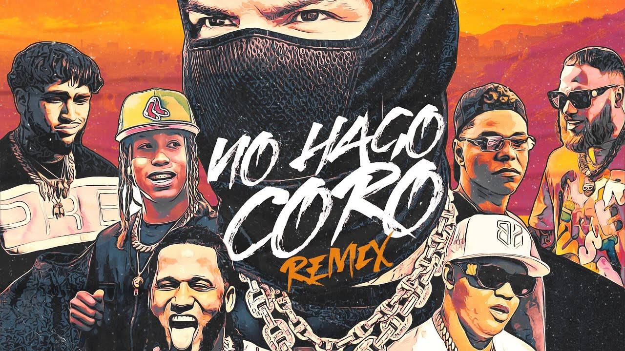 法魯科 No Hago Coro Remix 矢量藝術圖 壁紙 — 七位嘻哈藝術家的鮮豔數位插圖，帶有粗體文字和火熱的橙色背景。