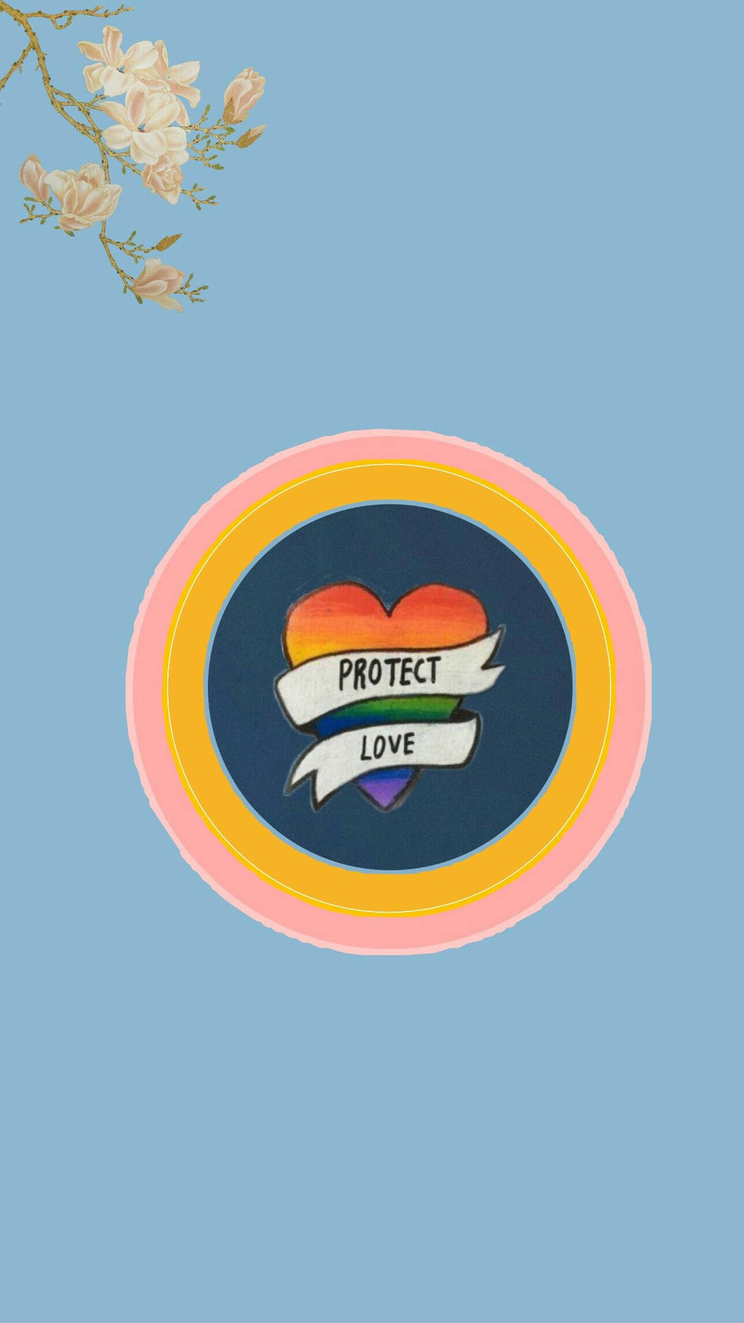 一個彩虹心形，帶有保護愛橫幅，在色彩繽紛的圓圈中，配有白色花朵。